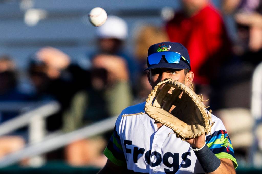 Brandon Eike #4 of the Everett AquaSox makes a catch at first base for an out during the game against the Eugene Emeralds on Friday, July 24, 2026 in Everett, Washington. (Olivia Vanni / The Herald)