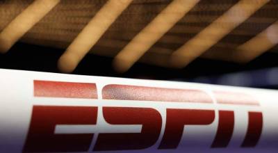 An ESPN logo is shown ringside before the Top Rank fights at The Theatre at Madison Square Garden on June 08, 2024 in New York City. (Luke Hales / Getty Images / The Athletic)
