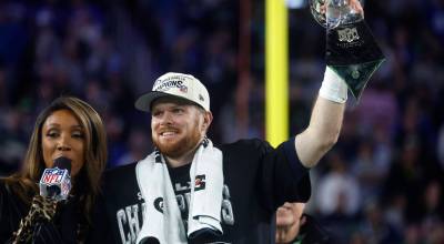 Seattle Seahawks starting quarterback Sam Darnold holds the Vince Lombardi Trophy after their 29-13 win over the New England Patriots for Super Bowl 60 at Levis Stadium in Santa Clara, California, on Sunday, Feb. 8, 2026. (Nhat V. Meyer / Bay Area News Group / Tribune News Services)