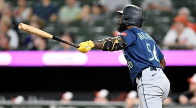Randy Arozarena of the Seattle Mariners hits a two-run home run in the 10th inning against the Baltimore Orioles at Oriole Park at Camden Yards on Tuesday, June 9, 2026, in Baltimore. (Greg Fiume / Getty Images / Tribune News Services)