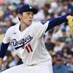 Dodgers starting pitcher Roki Sasaki throws to the plate during the first inning of a game against the Seattle Mariners on Thursday at Dodger Stadium. (Keith Birmingham / Pasadena Star-News / Tribune News Services)