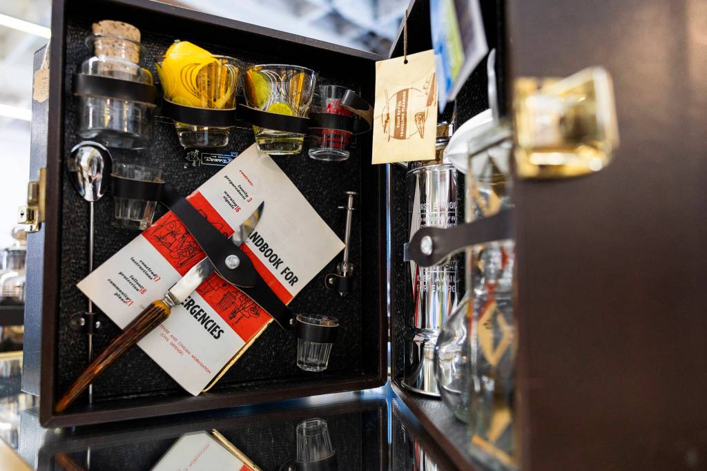 The Happy Traveler vintage travel bar for sale at the Grand Leader Mercantile on Wednesday, July 22, 2026 in Everett, Washington. (Olivia Vanni / The Herald)