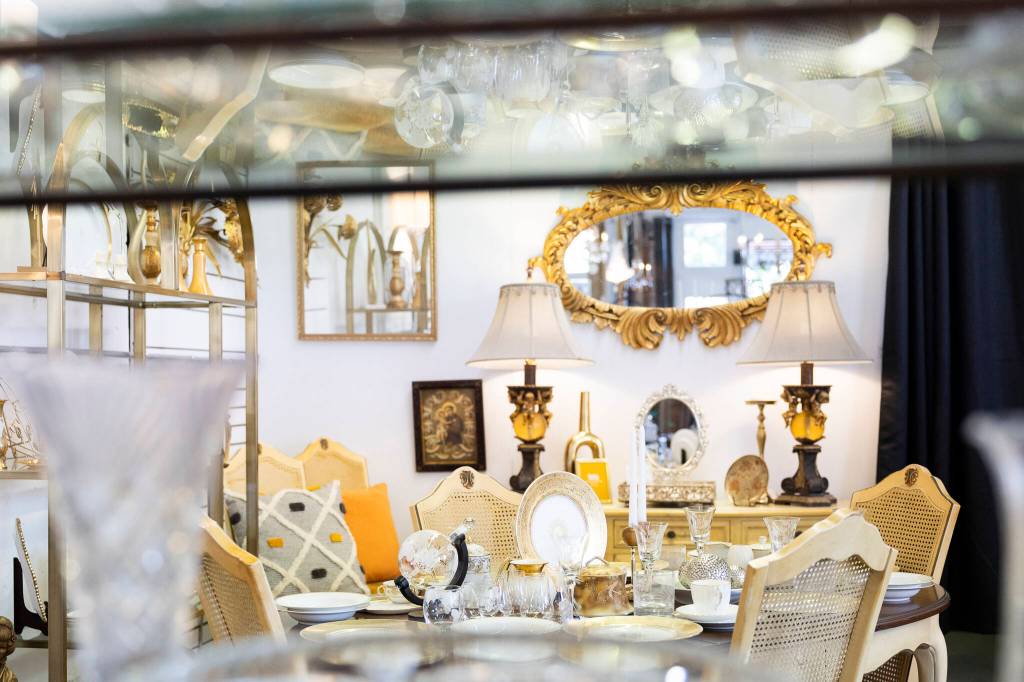 A selection of crystal and other ornate items available at the Grand Leader Mercantile on Wednesday, July 22, 2026 in Everett, Washington. (Olivia Vanni / The Herald)