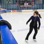 Dottie Medalia, left, gives pointers to Aspire skater Rosie Price during class at Angel of the Winds Arena Community Ice Rink on Wednesday, July 29, 2026, in Everett, Washington. (Olivia Vanni / The Herald)