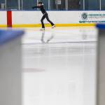 Aspire skater Emily Hall works through an exercise at Angel of the Winds Arena Community Ice Rink on Wednesday, July 29, 2026, in Everett, Washington. (Olivia Vanni / The Herald)