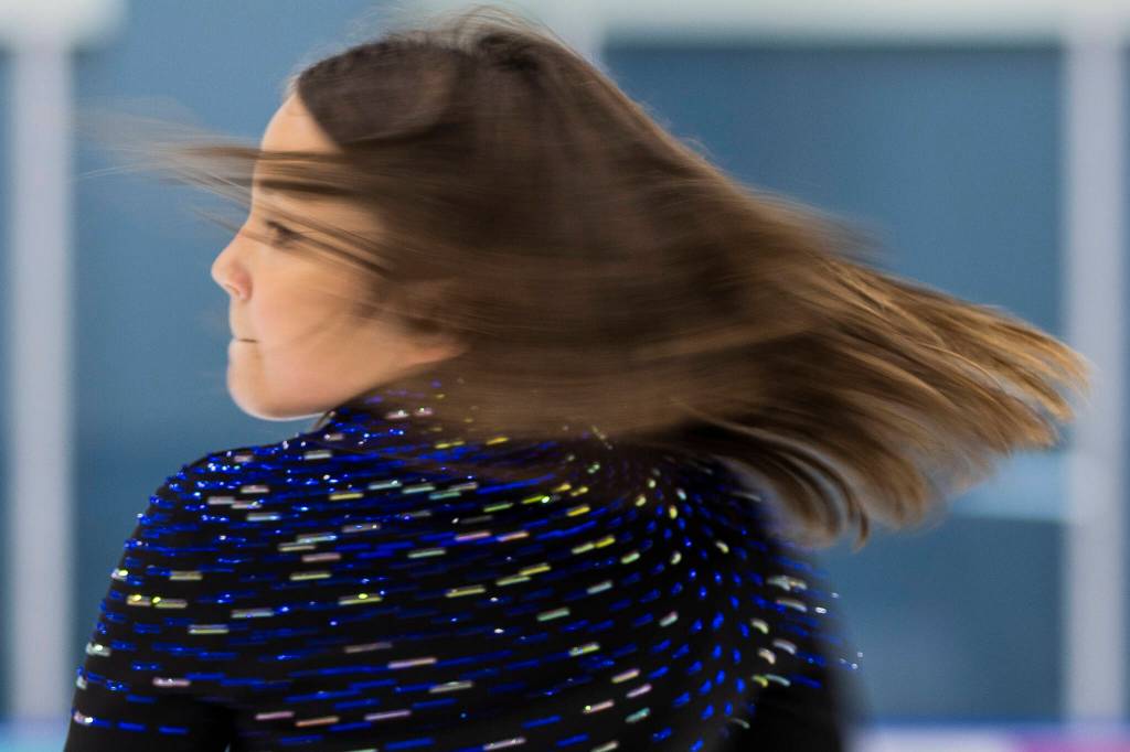 Aspire skater Rosie Price works on rotations during class at Angel of the Winds Arena Community Ice Rink on Wednesday, July 29, 2026, in Everett, Washington. (Olivia Vanni / The Herald)