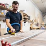 AJ Hansen sands the underside of a table in the Bandpass Design shop on July 28 in Edmonds, Washington. (Olivia Vanni / The Herald)