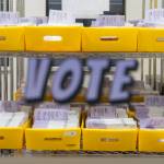 Containers of sorted ballots sit in a secure room in the Snohomish County Election Center on Monday, Aug. 3, 2026 in Everett, Washington. (Olivia Vanni / The Herald)