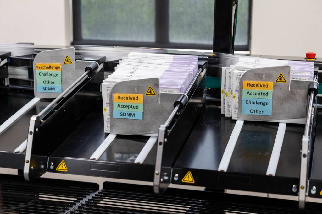 Ballots are sorted at the Snohomish County Election Center on Monday, Aug. 3, 2026 in Everett, Washington. (Olivia Vanni / The Herald)