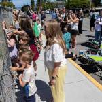 People gather to watch the start of demolition of Jackson Elementary School along Federal Avenue on Thursday, July 30, 2026 in Everett, Washington. (Olivia Vanni / The Herald)