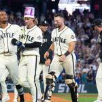 Colt Emerson celebrates with a bucket on his head after hitting a walk-off single against the Minnesota Twins on Sunday, Aug. 2, 2026 at T-Mobile Park in Seattle, Washington. (Photo courtesy of Mason Coe)