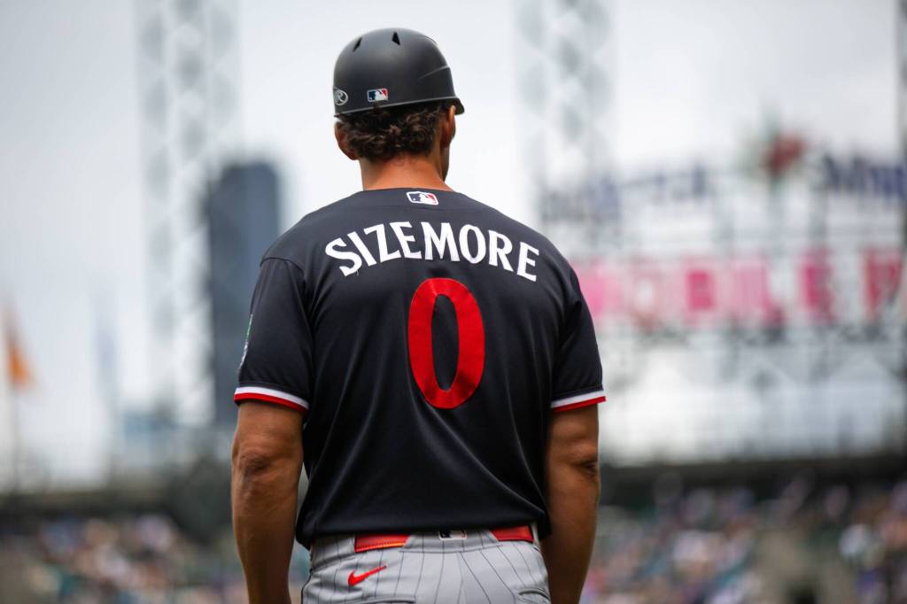 Minnesota Twins first-base coach Grady Sizemore, a former three-sport star at Everetts Cascade High School, coaches against the Mariners at T-Mobile Park in Seattle, Washington on Sunday, Aug. 2, 2026. (Photo courtesy of Mason Coe)