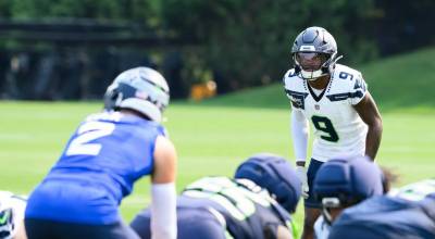 Seahawks safety Bud Clark (9) looks over the Seattle offense at practice on Monday, Aug. 3, 2026 at the Virginia Mason Athletic Center in Renton. (Edwin Hooper / Seattle Seahawks)