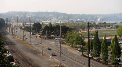 Hazy skies over West Marine View Drive in Everett, Washington on Wednesday, August 5, 2026, were caused by smoke blowing in from nearby wildfires. (Will Geschke / The Herald)