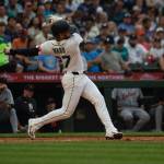Taylor Ward of the Seattle Mariners swings and misses at a pitch in an 8-0 loss to the Detroit Tigers at T-Mobile Park in Seattle, Washington on Tuesday, August 4, 2026. (Photo courtesy of Mason Coe)