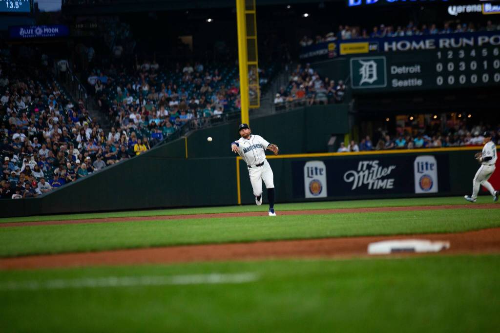 Brendan Donovan of the Seattle Mariners throws to first base during an 8-0 loss to the Detroit Tigers at T-Mobile Park in Seattle, Washington on Tuesday, Washington on Tuesday, August 4, 2026. (Photo courtesy of Mason Coe)