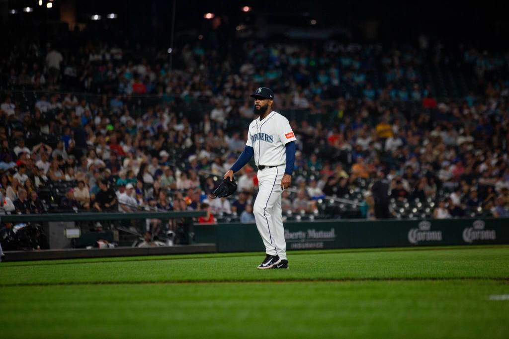 Seattle Mariners reliever Seranthony Domínguez walks toward the dugout during an 8-0 loss to the Detroit Tigers at T-Mobile Park in Seattle, Washington on Tuesday, August 4, 2026. (Photo courtesy of Mason Coe)