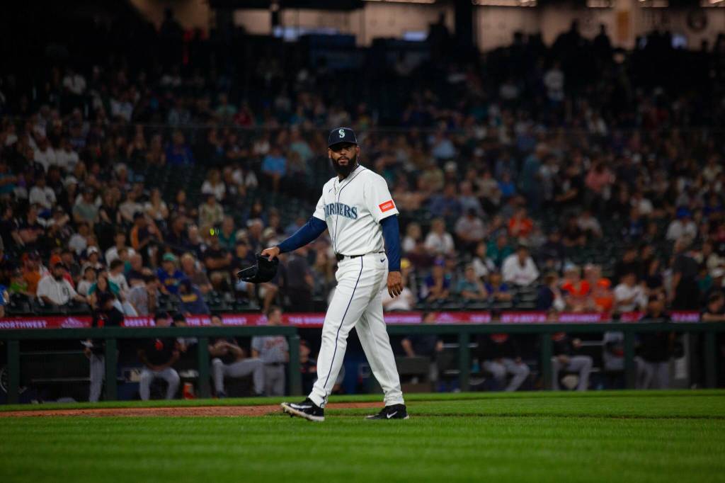 Seattle Mariners reliever Seranthony Domínguez walks toward the dugout during an 8-0 loss to the Detroit Tigers at T-Mobile Park in Seattle, Washington on Tuesday, August 4, 2026. (Photo courtesy of Mason Coe)