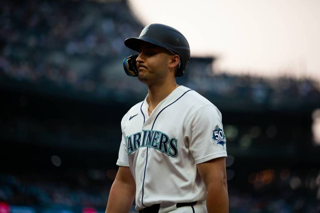 Dominic Canzone of the Seattle Mariners reacts after an at bat during an 8-0 loss to the Detroit Tigers at T-Mobile Park in Seattle on Tuesday. (Photo courtesy of Mason Coe)