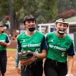 Snohomish Little Leaguers Madison Tawney (12) and Jocelynn Day (9) celebrate a win against Texas on Tuesday, August 4, 2026 at Stallings Stadium in Greenville, North Carolina. (Photo courtesy of Little League Baseball and Softball)