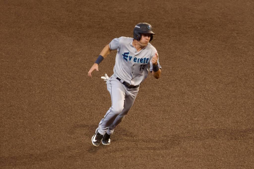 AquaSox infielder Carter Dorighi heads towards third base during Everetts 9-6 extra-innings win against Eugene in Game 1 of the Northwest League Championship Series at PK Park in Eugene, Oregon on Sept. 9, 2025. (Joe Pohoryles / The Herald)
