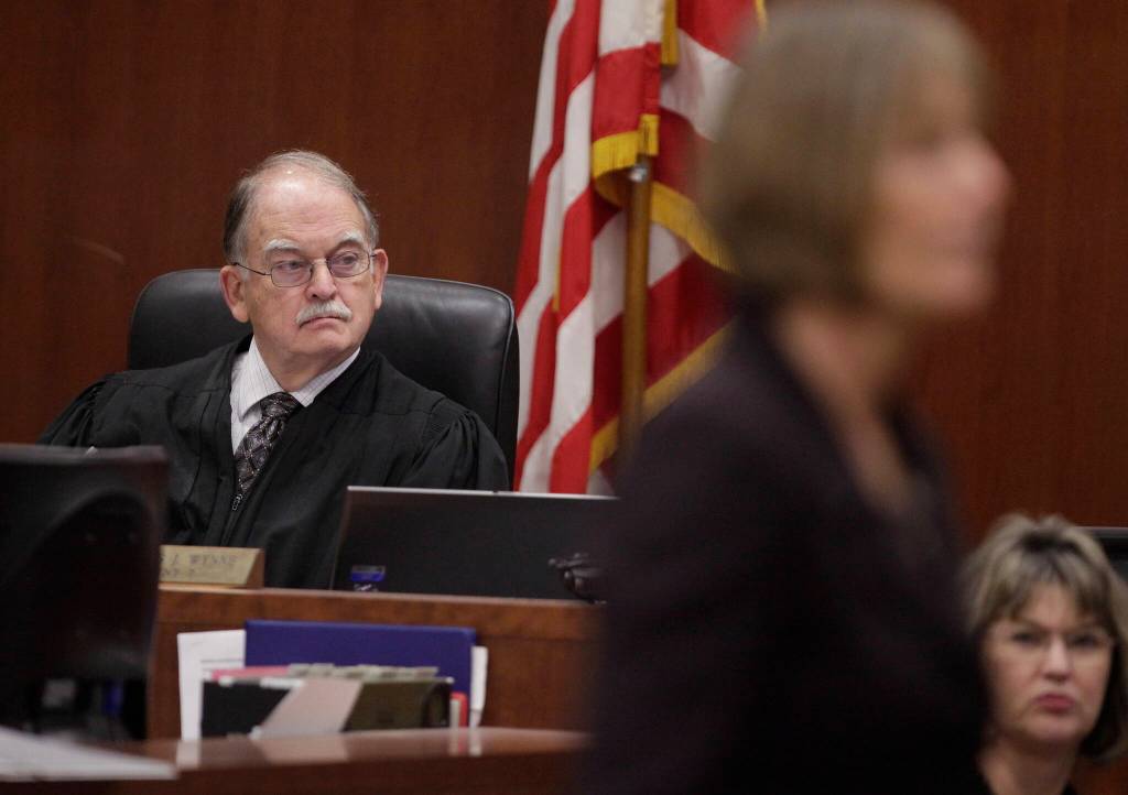 Superior Court Judge Thomas Wynne listening to a deputy prosecutor in Snohomish County Superior Court in Everett, Washington. (Mark Mulligan / The Herald)