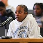 Deavieona Alberta becomes emotional while speaking about her mother, Porsha Sapp, during the sentencing of William Russell-Leonard at the Snohomish County Courthouse on Tuesday, Aug. 11, 2026 in Everett, Washington. (Olivia Vanni / The Herald)
