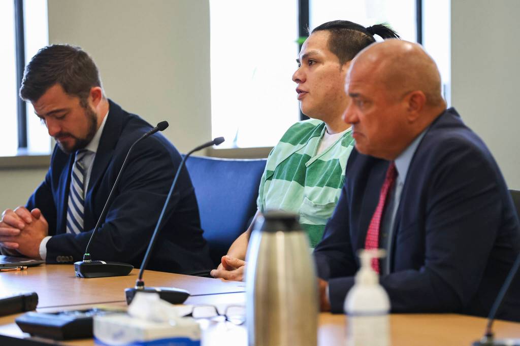 William Russell-Leonard speaks during his sentencing hearing at the Snohomish County Courthouse on Tuesday, Aug. 11, 2026 in Everett, Washington. (Olivia Vanni / The Herald)