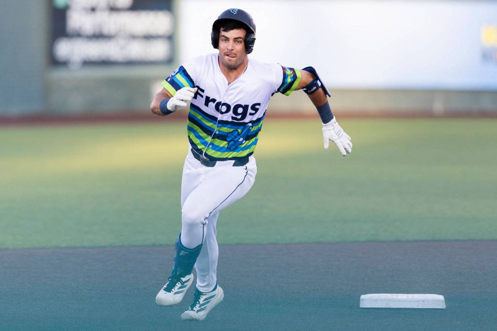 Brandon Eike #4 of the Everett AquaSox rounds second base to get to third for a triple during the third inning against the Eugene Emeralds on Friday, July 24, 2026 in Everett, Washington. (Olivia Vanni / The Herald)