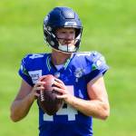 Seahawks quarterback Sam Darnold practices at the Virginia Mason Athletic Center in Renton, Washington on Monday, August 10, 2026. (Photo courtesy of Edwin Hooper / Seattle Seahawks)