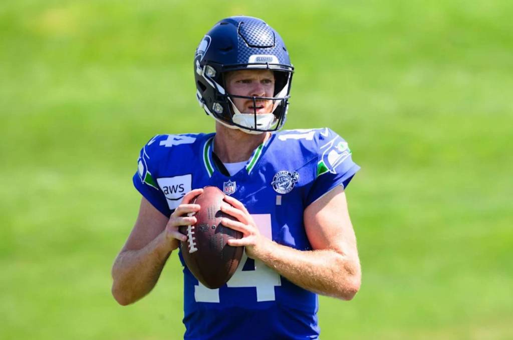 Seahawks quarterback Sam Darnold practices at the Virginia Mason Athletic Center in Renton, Washington on Monday, August 10, 2026. (Photo courtesy of Edwin Hooper / Seattle Seahawks)