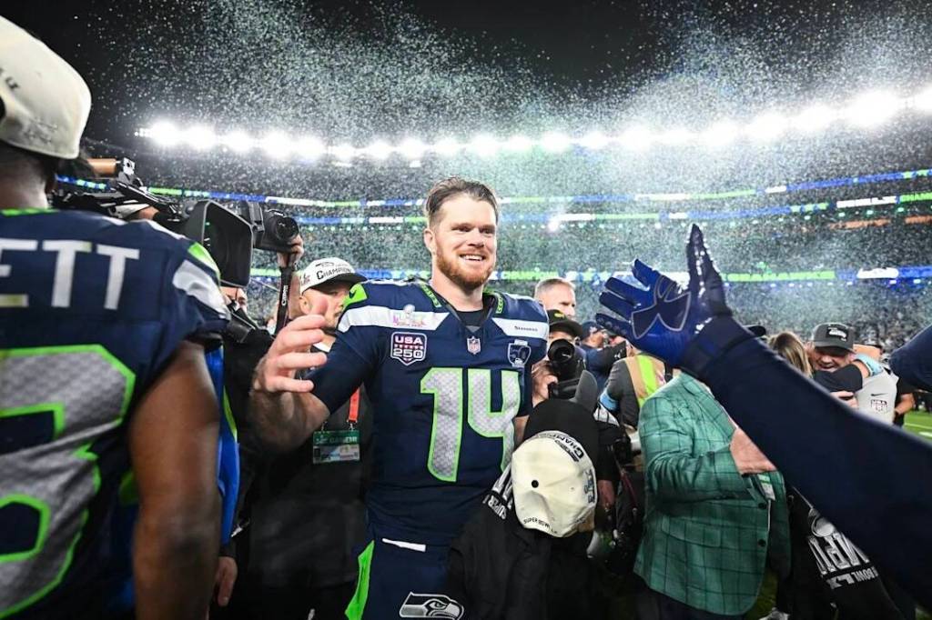 Seahawks quarterback Sam Darnold celebrates after winning Super Bowl LX on Sunday, February 8 at Levis Stadium in Santa Clara, California. (Photo courtesy of the Seattle Seahawks)