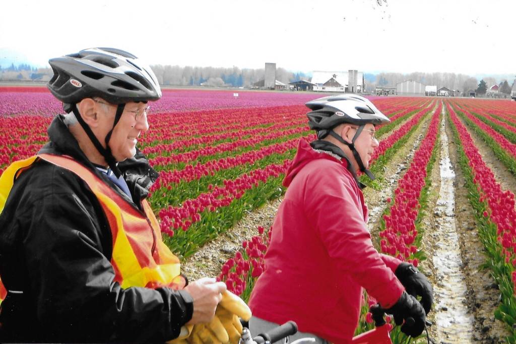 Larry ODonnell and Bill Rucker riding bikes in 2011 through Skagit Valley in Washington. (Courtesy of Jack ODonnell)