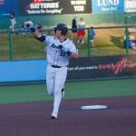 AquaSox catcher Luke Stevenson points to the bullpen while rounding the bases after his home run against the Spokane Indians at Everett Memorial Stadium on Aug. 11, 2026. (Joe Pohoryles / The Herald)