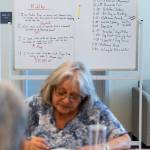 A whiteboard shows the activities for the day at Old Friends Club on Wednesday, Aug. 12, 2026 in Lynnwood, Washington. (Olivia Vanni / The Herald)