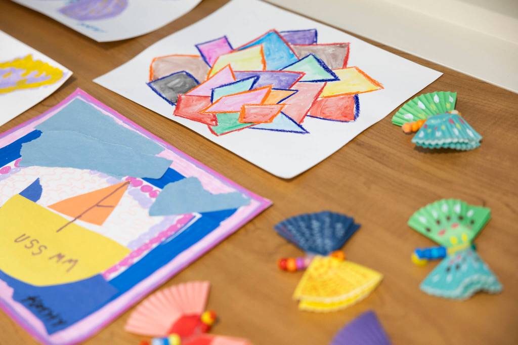 Art made by Old Friends Club members sit on display at the Lynnwood Neighborhood Center on Wednesday, Aug. 12, 2026 in Lynnwood, Washington. (Olivia Vanni / The Herald)