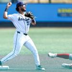 Axel Sanchez #21 of the Everett AquaSox turns a double play during the game against the Spokane Indians on Thursday, Aug. 13, 2026 in Everett, Washington. (Olivia Vanni / The Herald)