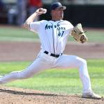 Sam Whiting #37 of the Everett AquaSox pitches during the game against the Spokane Indians on Thursday, Aug. 13, 2026 in Everett, Washington. (Olivia Vanni / The Herald)
