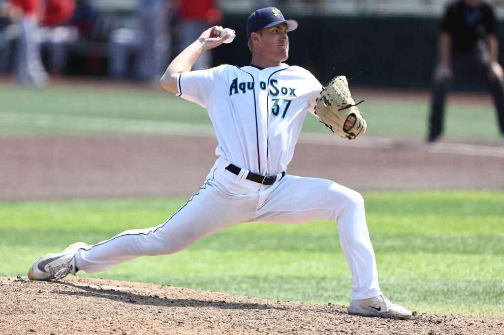 Sam Whiting #37 of the Everett AquaSox pitches during the game against the Spokane Indians on Thursday, Aug. 13, 2026 in Everett, Washington. (Olivia Vanni / The Herald)