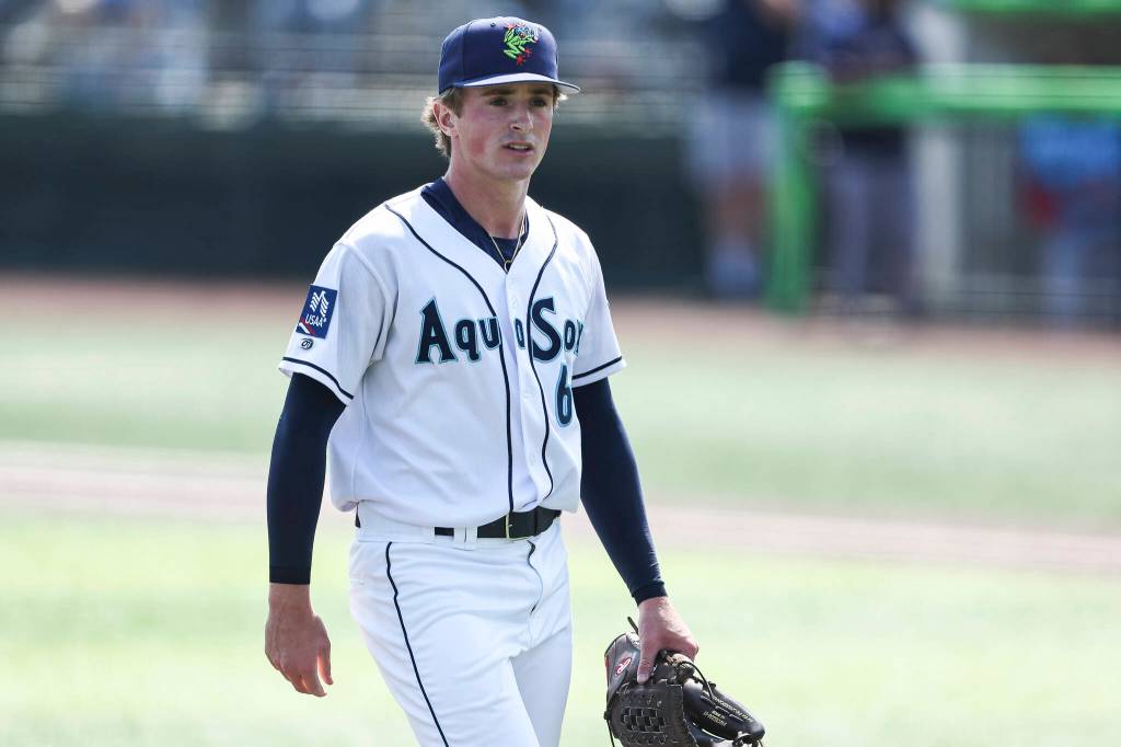 Mason Peters #6 of the Everett AquaSox walks off the mound during an inning change during the game against the Spokane Indians on Thursday, Aug. 13, 2026 in Everett, Washington. (Olivia Vanni / The Herald)