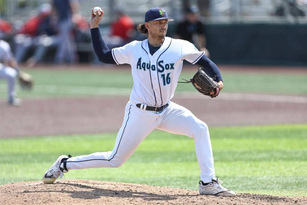 Ben Hernandez #16 of the Everett AquaSox pitches during the game against the Spokane Indians on Thursday, Aug. 13, 2026 in Everett, Washington. (Olivia Vanni / The Herald)