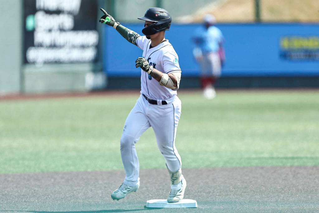 Korbyn Dickerson #5 of the Everett AquaSox celebrates after hitting a two-run home run during the game against the Spokane Indians on Thursday, Aug. 13, 2026 in Everett, Washington. (Olivia Vanni / The Herald)